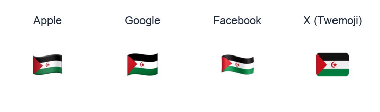Western Sahara Flag emoji artwork compared side by side for Apple, Google Noto, Facebook, and X Twemoji styles on white.