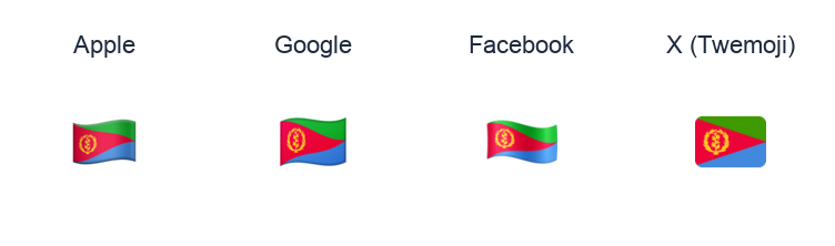Eritrea Flag emoji artwork compared side by side for Apple, Google Noto, Facebook, and X Twemoji styles on white.