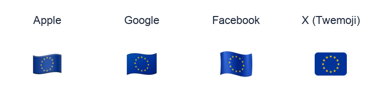 European Union Flag emoji artwork compared side by side for Apple, Google Noto, Facebook, and X Twemoji styles on white.