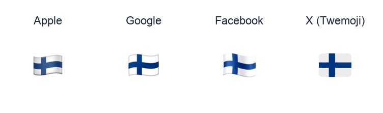 Finland Flag emoji artwork compared side by side for Apple, Google Noto, Facebook, and X Twemoji styles on white.