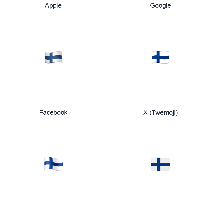 Finland Flag emoji in a square grid: Apple and Google on the top row, Facebook and X Twemoji on the bottom, on white.