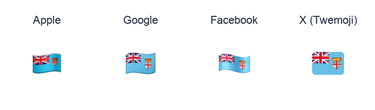 Fiji Flag emoji artwork compared side by side for Apple, Google Noto, Facebook, and X Twemoji styles on white.