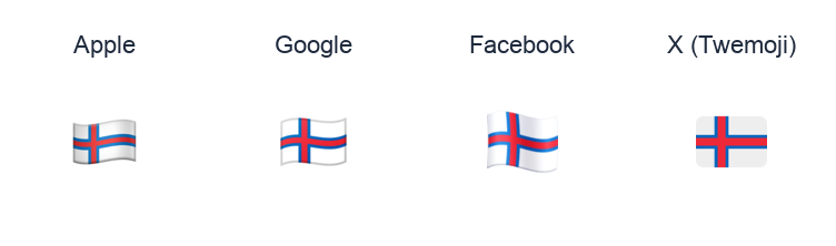 Faroe Islands Flag emoji artwork compared side by side for Apple, Google Noto, Facebook, and X Twemoji styles on white.