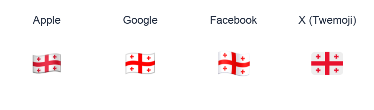 Georgia Flag emoji artwork compared side by side for Apple, Google Noto, Facebook, and X Twemoji styles on white.