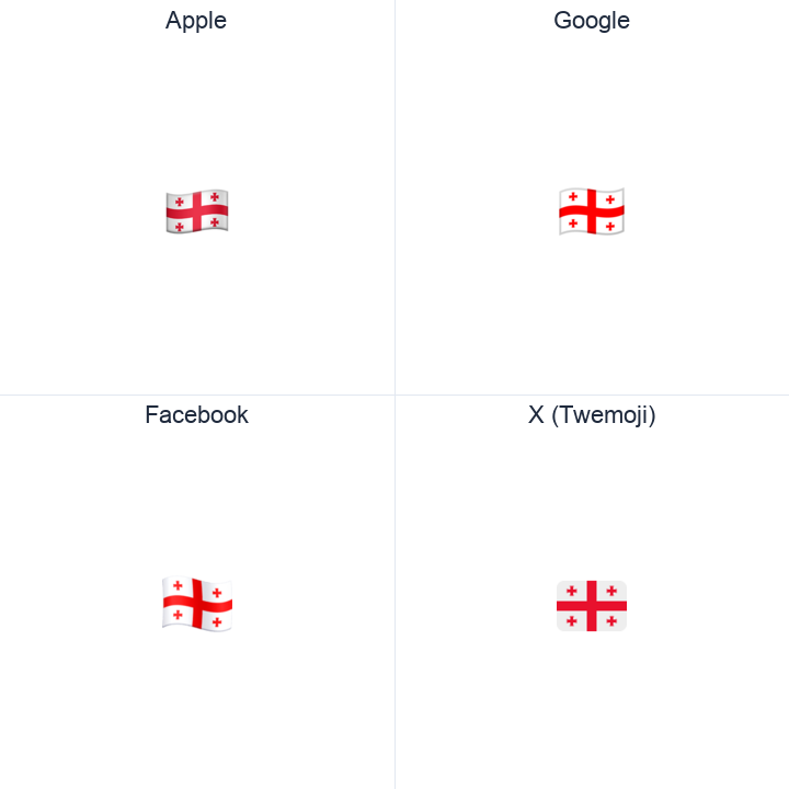 Georgia Flag emoji in a square grid: Apple and Google on the top row, Facebook and X Twemoji on the bottom, on white.