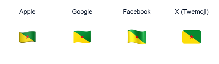 French Guiana Flag emoji artwork compared side by side for Apple, Google Noto, Facebook, and X Twemoji styles on white.