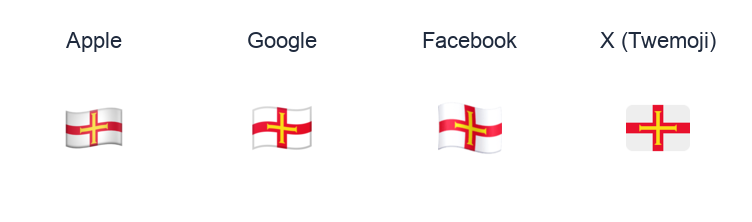 Guernsey Flag emoji artwork compared side by side for Apple, Google Noto, Facebook, and X Twemoji styles on white.