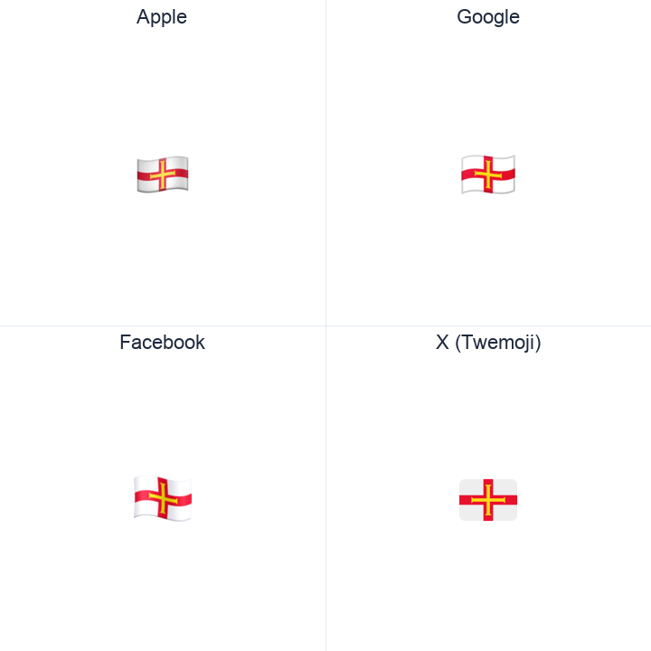 Guernsey Flag emoji in a square grid: Apple and Google on the top row, Facebook and X Twemoji on the bottom, on white.