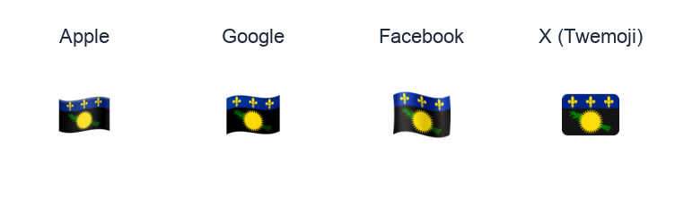 Guadeloupe Flag emoji artwork compared side by side for Apple, Google Noto, Facebook, and X Twemoji styles on white.