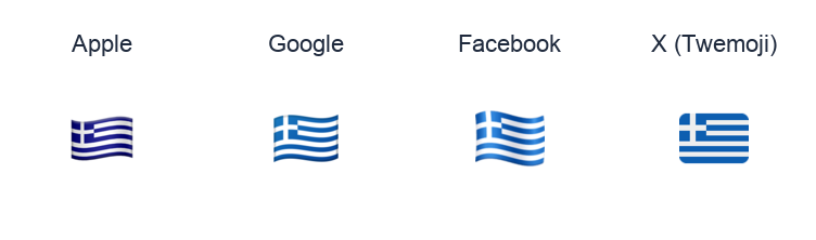 Greece Flag emoji artwork compared side by side for Apple, Google Noto, Facebook, and X Twemoji styles on white.