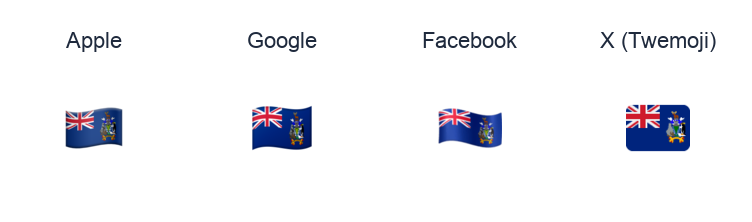 South Georgia & South Sandwich Islands Flag emoji artwork compared side by side for Apple, Google Noto, Facebook, and X Twemoji styles on white.