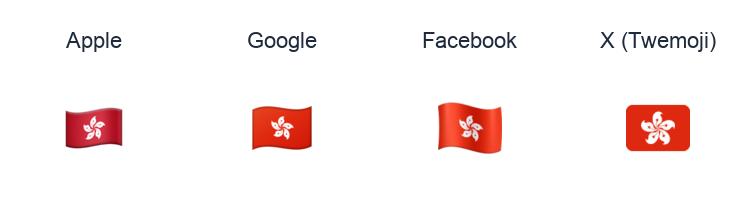 Hong Kong SAR China Flag emoji artwork compared side by side for Apple, Google Noto, Facebook, and X Twemoji styles on white.