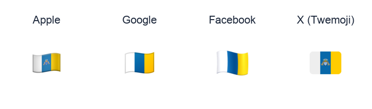 Canary Islands Flag emoji artwork compared side by side for Apple, Google Noto, Facebook, and X Twemoji styles on white.