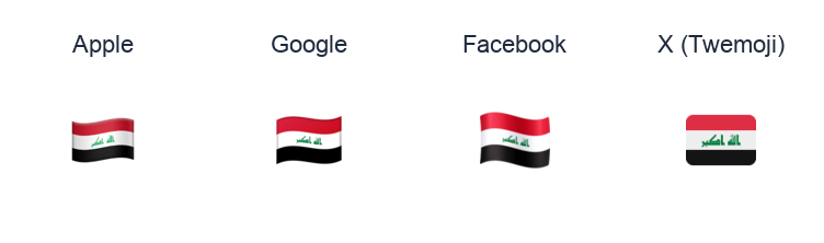 Iraq Flag emoji artwork compared side by side for Apple, Google Noto, Facebook, and X Twemoji styles on white.