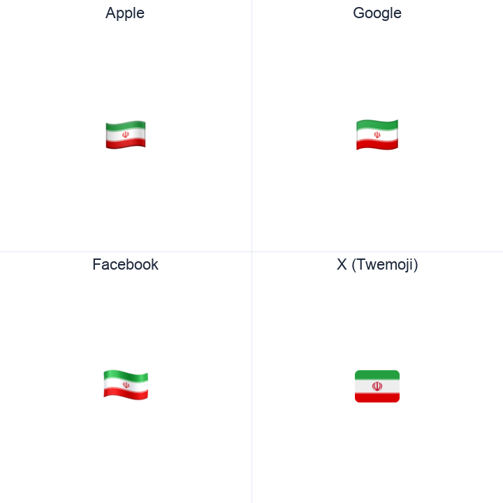 Iran Flag emoji in a square grid: Apple and Google on the top row, Facebook and X Twemoji on the bottom, on white.