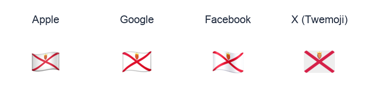 Jersey Flag emoji artwork compared side by side for Apple, Google Noto, Facebook, and X Twemoji styles on white.