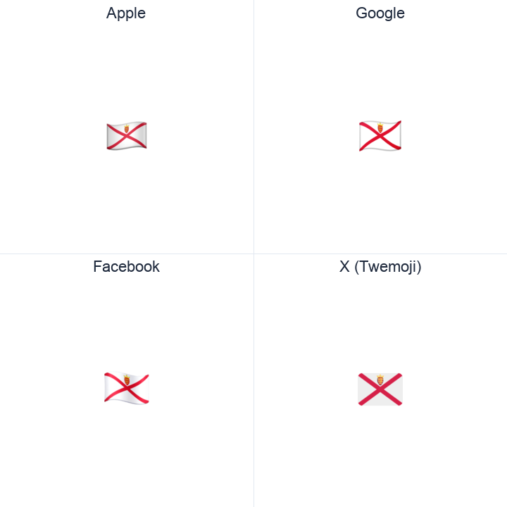 Jersey Flag emoji in a square grid: Apple and Google on the top row, Facebook and X Twemoji on the bottom, on white.