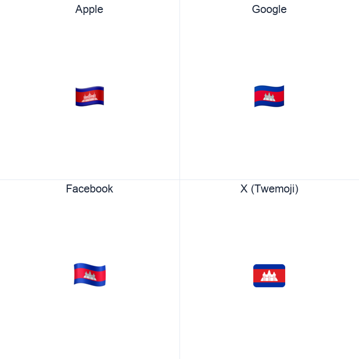 Cambodia Flag emoji in a square grid: Apple and Google on the top row, Facebook and X Twemoji on the bottom, on white.