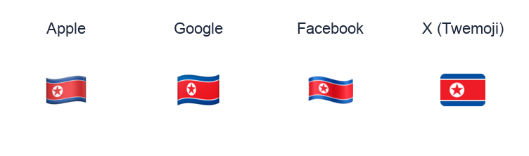 North Korea Flag emoji artwork compared side by side for Apple, Google Noto, Facebook, and X Twemoji styles on white.