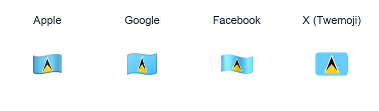 St. Lucia Flag emoji artwork compared side by side for Apple, Google Noto, Facebook, and X Twemoji styles on white.