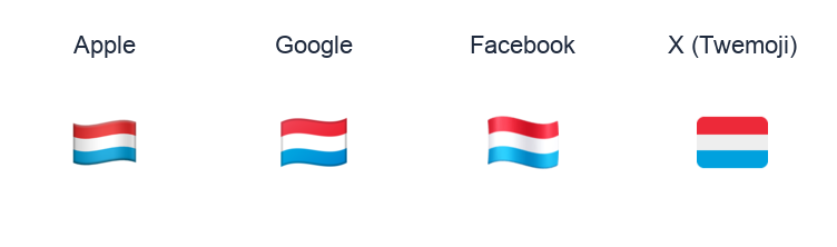 Luxembourg Flag emoji artwork compared side by side for Apple, Google Noto, Facebook, and X Twemoji styles on white.