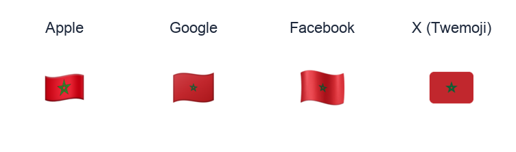 Morocco Flag emoji artwork compared side by side for Apple, Google Noto, Facebook, and X Twemoji styles on white.