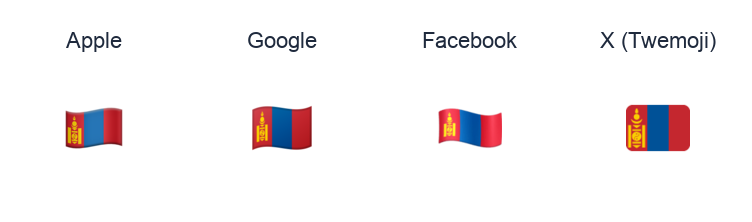 Mongolia Flag emoji artwork compared side by side for Apple, Google Noto, Facebook, and X Twemoji styles on white.