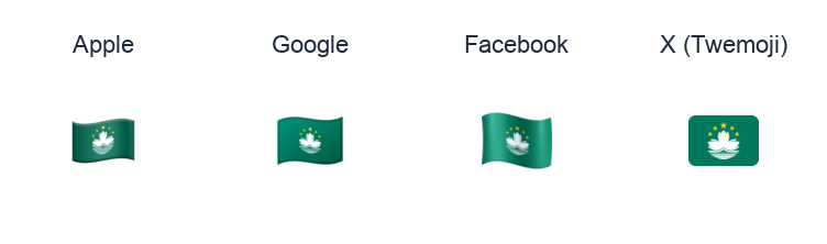 Macao SAR China Flag emoji artwork compared side by side for Apple, Google Noto, Facebook, and X Twemoji styles on white.
