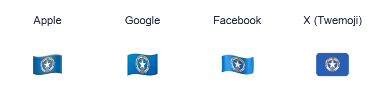 Northern Mariana Islands Flag emoji artwork compared side by side for Apple, Google Noto, Facebook, and X Twemoji styles on white.