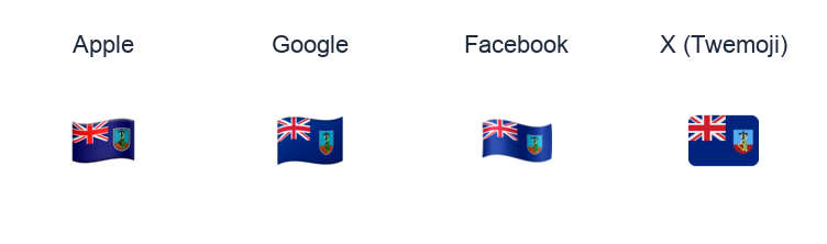 Montserrat Flag emoji artwork compared side by side for Apple, Google Noto, Facebook, and X Twemoji styles on white.