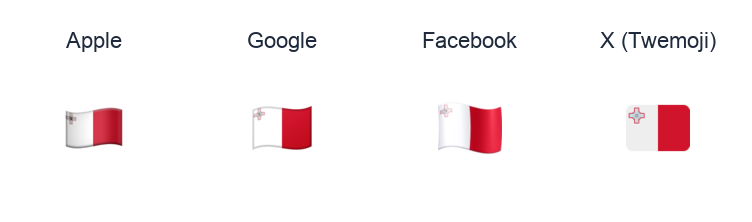 Malta Flag emoji artwork compared side by side for Apple, Google Noto, Facebook, and X Twemoji styles on white.