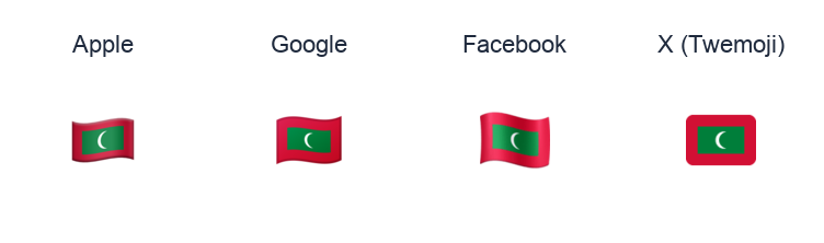 Maldives Flag emoji artwork compared side by side for Apple, Google Noto, Facebook, and X Twemoji styles on white.