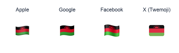 Malawi Flag emoji artwork compared side by side for Apple, Google Noto, Facebook, and X Twemoji styles on white.