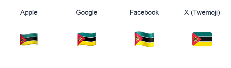 Mozambique Flag emoji artwork compared side by side for Apple, Google Noto, Facebook, and X Twemoji styles on white.