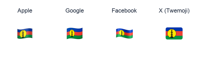 New Caledonia Flag emoji artwork compared side by side for Apple, Google Noto, Facebook, and X Twemoji styles on white.