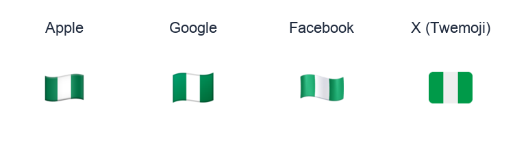 Nigeria Flag emoji artwork compared side by side for Apple, Google Noto, Facebook, and X Twemoji styles on white.