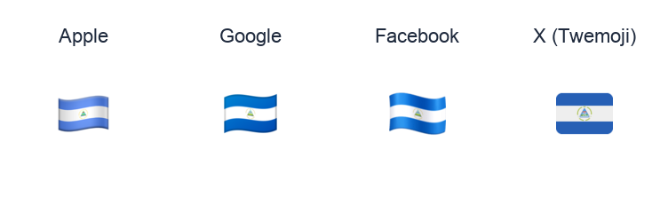 Nicaragua Flag emoji artwork compared side by side for Apple, Google Noto, Facebook, and X Twemoji styles on white.