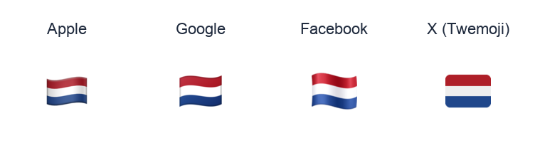 Netherlands Flag emoji artwork compared side by side for Apple, Google Noto, Facebook, and X Twemoji styles on white.