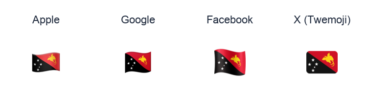 Papua New Guinea Flag emoji artwork compared side by side for Apple, Google Noto, Facebook, and X Twemoji styles on white.