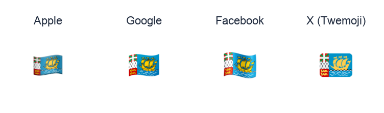 St. Pierre & Miquelon Flag emoji artwork compared side by side for Apple, Google Noto, Facebook, and X Twemoji styles on white.