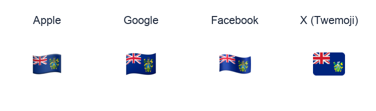 Pitcairn Islands Flag emoji artwork compared side by side for Apple, Google Noto, Facebook, and X Twemoji styles on white.