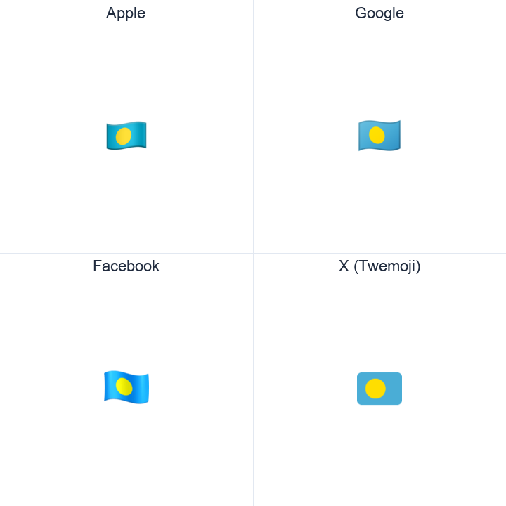 Palau Flag emoji in a square grid: Apple and Google on the top row, Facebook and X Twemoji on the bottom, on white.