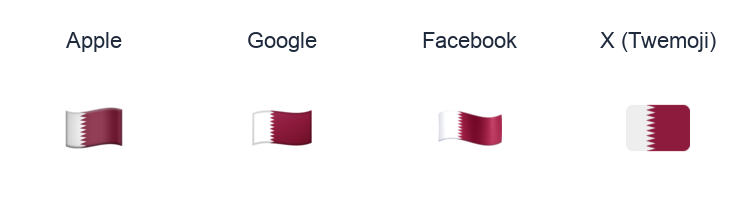 Qatar Flag emoji artwork compared side by side for Apple, Google Noto, Facebook, and X Twemoji styles on white.