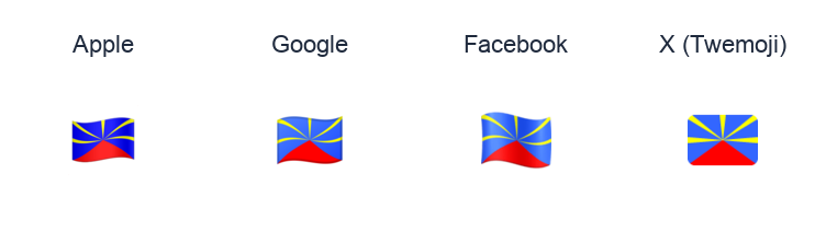 Réunion Flag emoji artwork compared side by side for Apple, Google Noto, Facebook, and X Twemoji styles on white.
