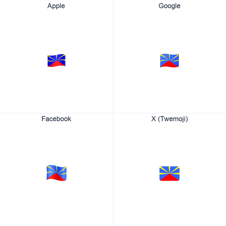 Réunion Flag emoji in a square grid: Apple and Google on the top row, Facebook and X Twemoji on the bottom, on white.