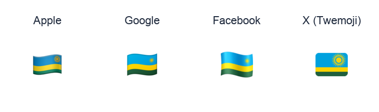 Rwanda Flag emoji artwork compared side by side for Apple, Google Noto, Facebook, and X Twemoji styles on white.