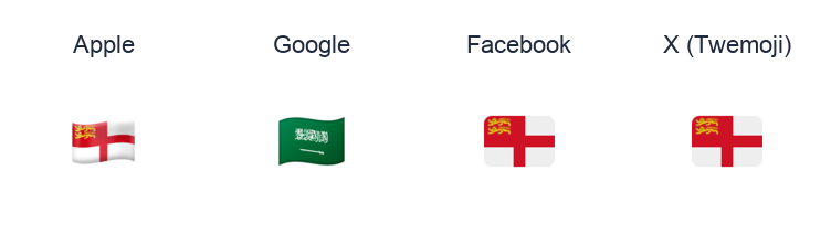 Sark Flag emoji artwork compared side by side for Apple, Google Noto, Facebook, and X Twemoji styles on white.