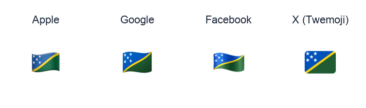 Solomon Islands Flag emoji artwork compared side by side for Apple, Google Noto, Facebook, and X Twemoji styles on white.