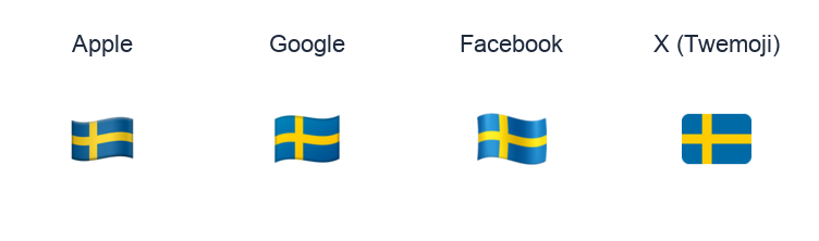 Sweden Flag emoji artwork compared side by side for Apple, Google Noto, Facebook, and X Twemoji styles on white.