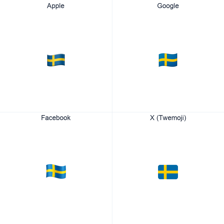 Sweden Flag emoji in a square grid: Apple and Google on the top row, Facebook and X Twemoji on the bottom, on white.